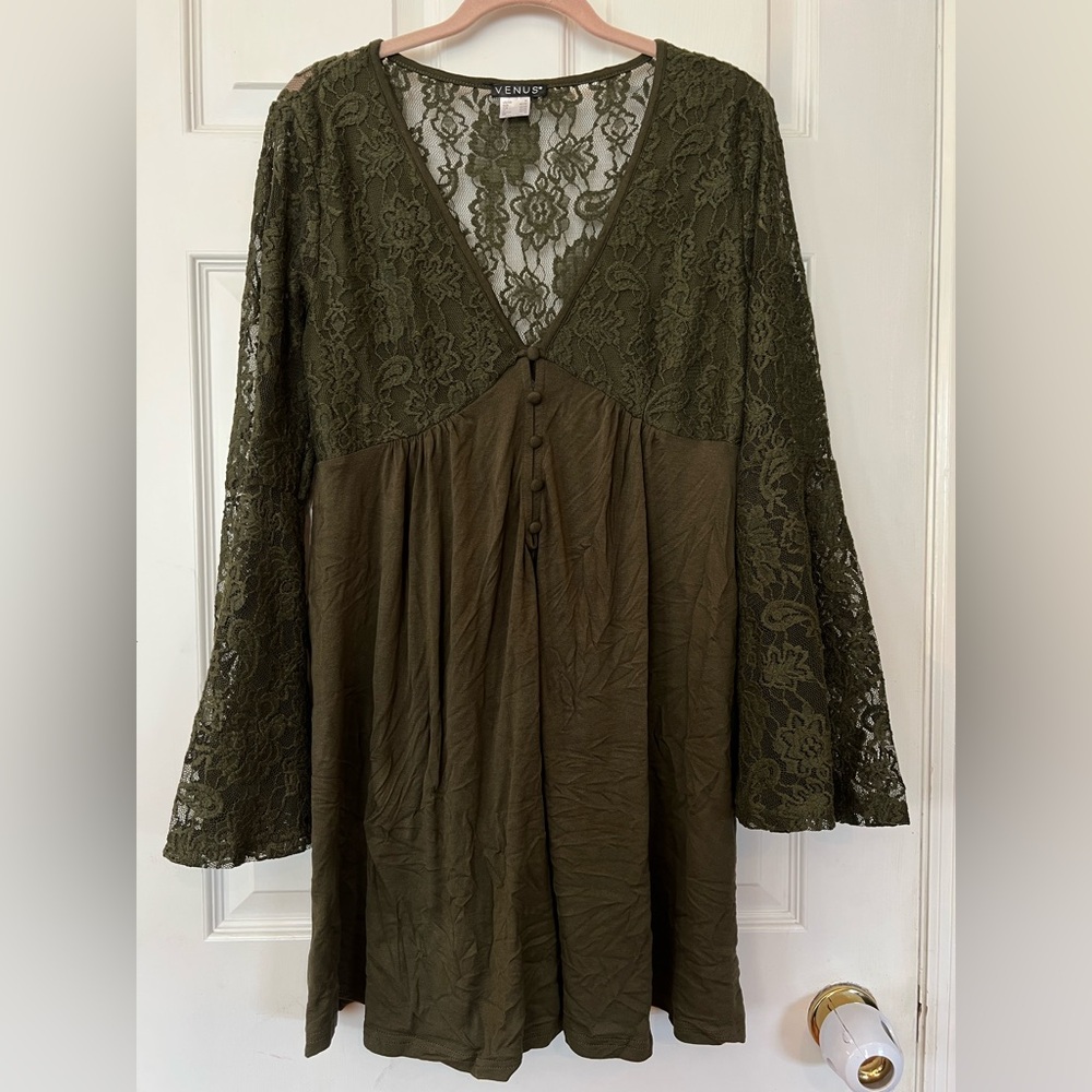 Venus Lace Dress Green Boho Fairy Grunge Whimsigoth Cottagecore V-Neck Sz M